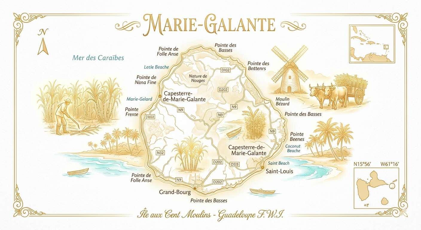 Carte illustrée de Marie-Galante — Île aux Cent Moulins, Guadeloupe