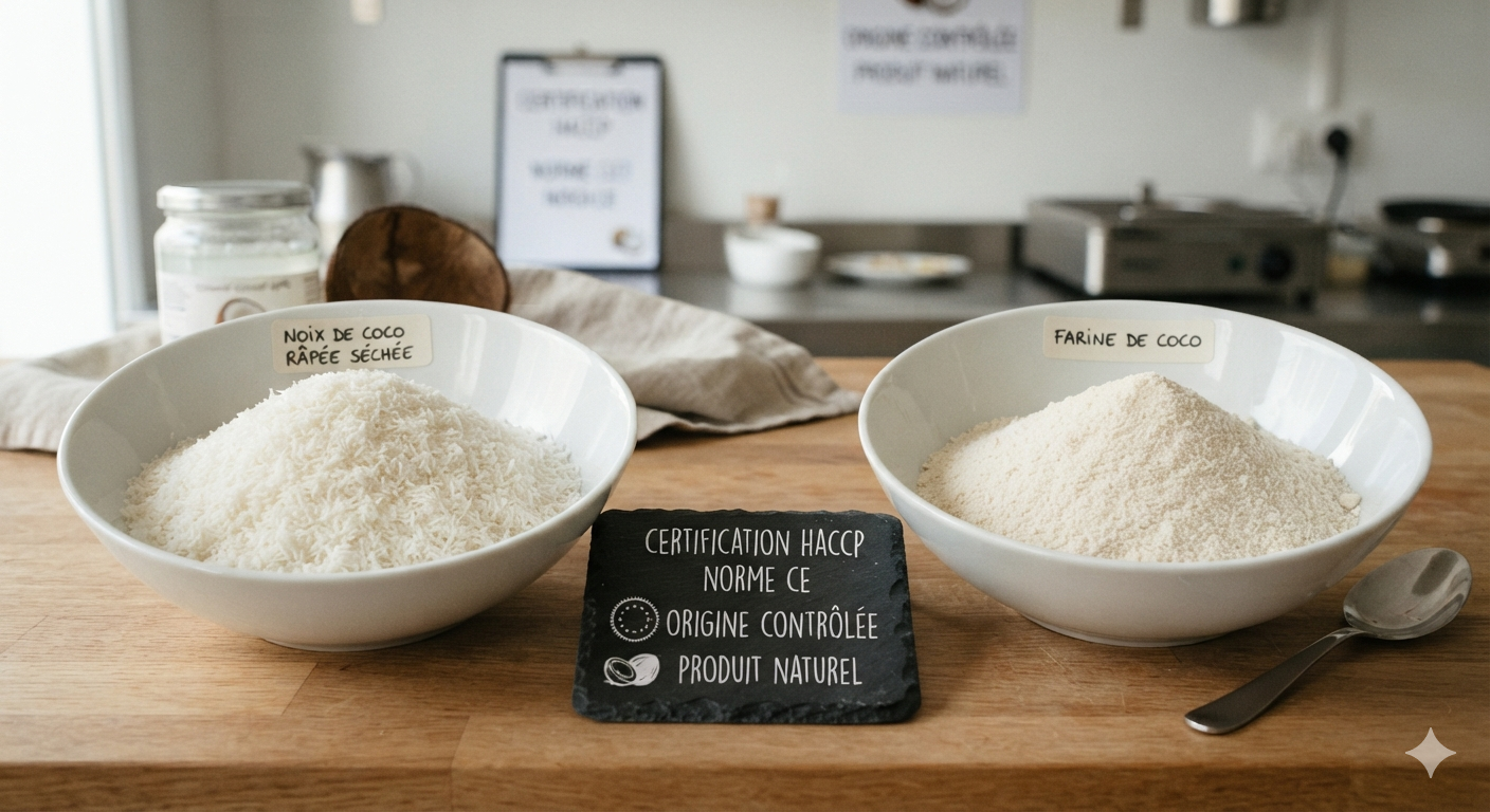 Noix de coco râpée et farine de coco dans un bol — AULINAGAN, Marie-Galante