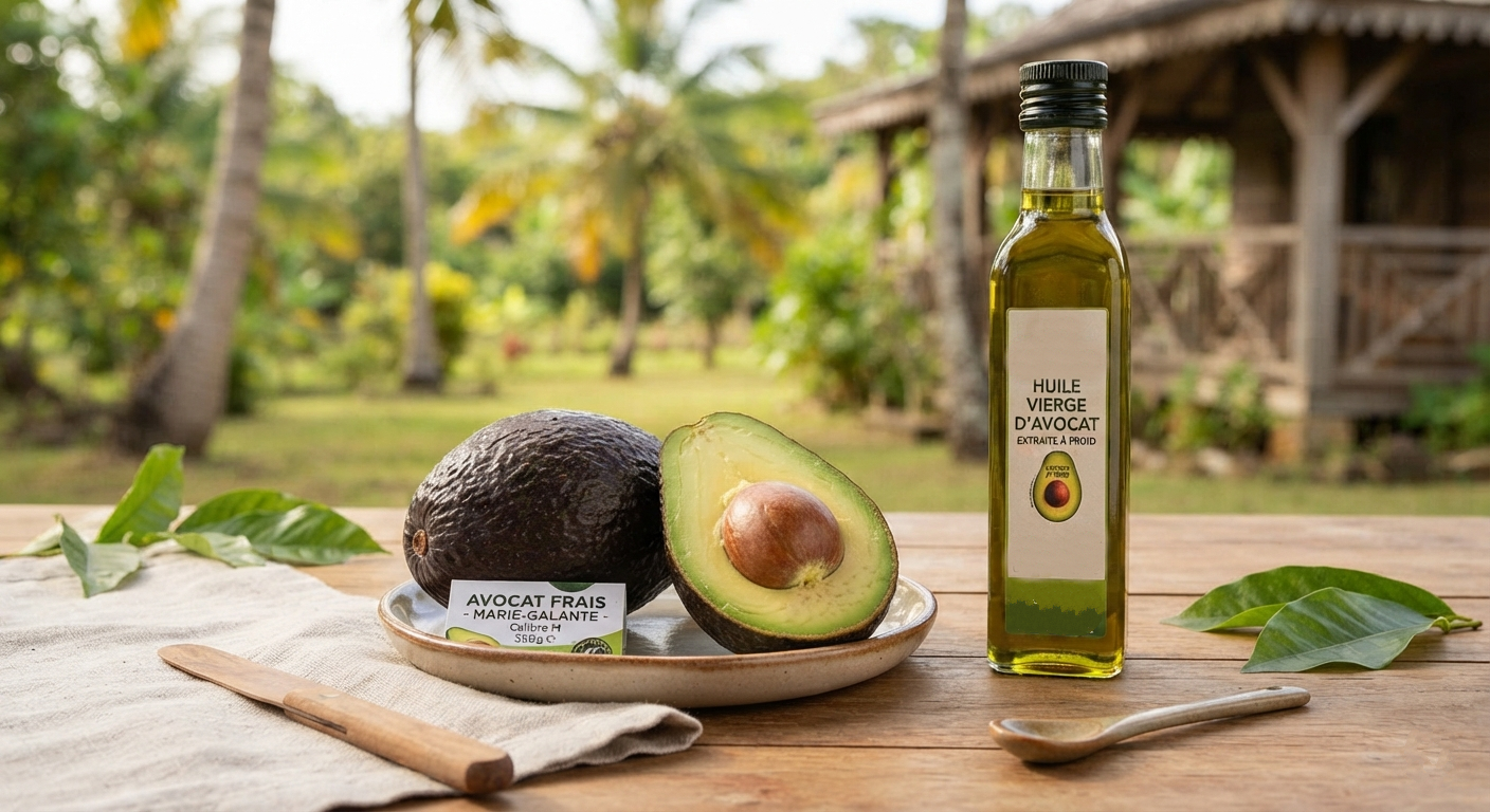 Avocats de Marie-Galante et flacon d'huile vierge — AULINAGAN