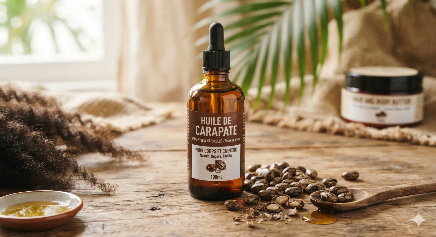 Graines de carapate et flacon d'huile ambrée extraite à froid — AULINAGAN